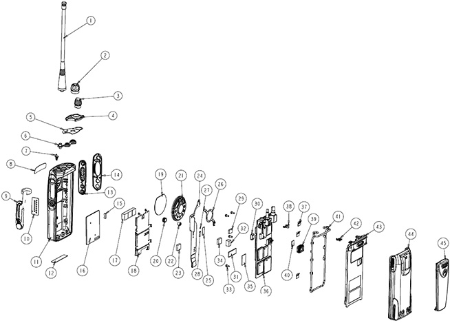 Exploded view diagram of Motorola GP320 and GP340